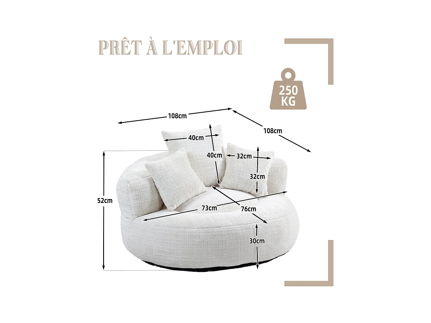 Fauteuil pouf beige – haut dossier – grand modèle – 3 coussins inclus – ultra moelleux et usage multi-situations - pour adultes et enfants