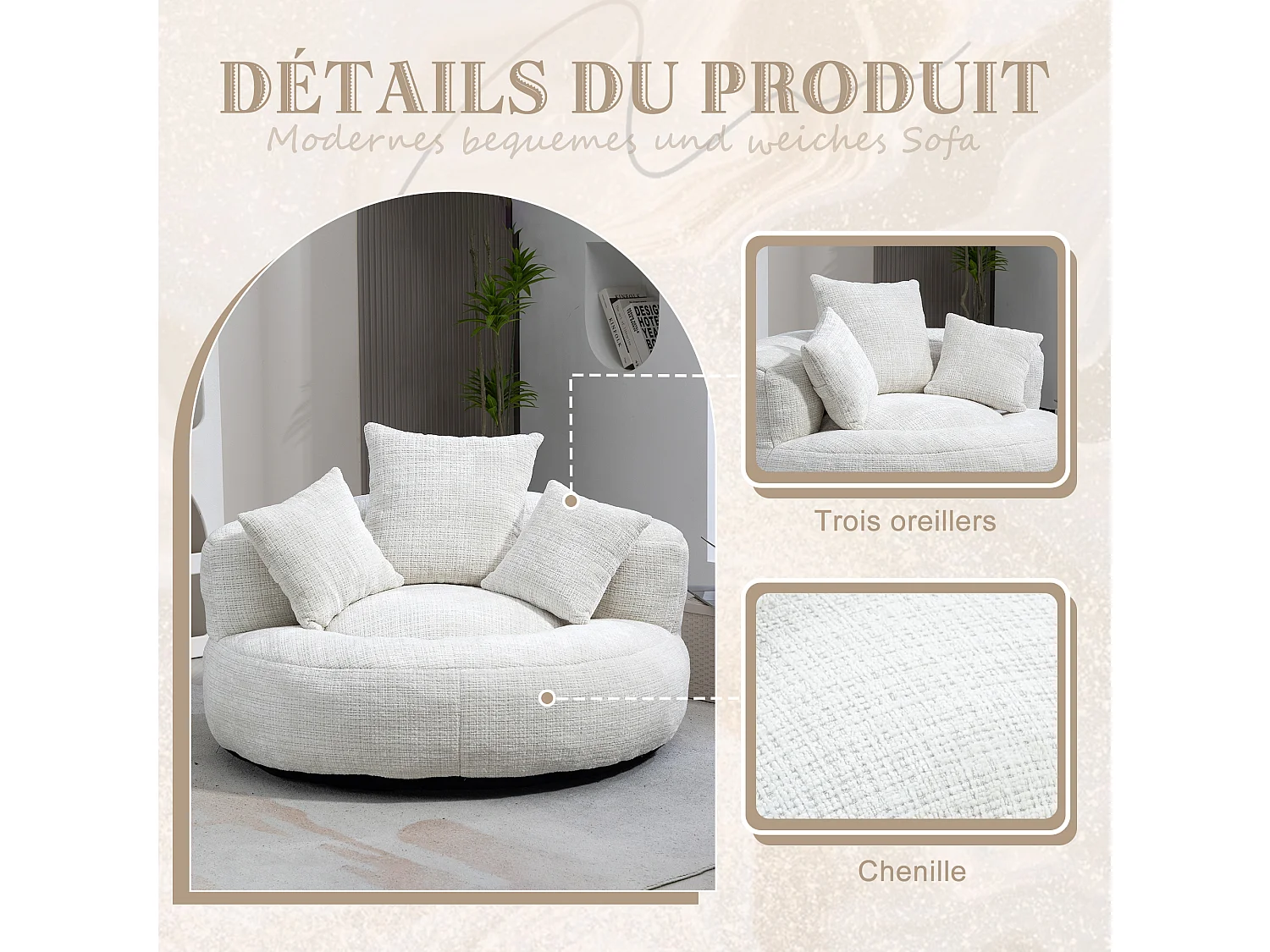 Fauteuil pouf beige – haut dossier – grand modèle – 3 coussins inclus – ultra moelleux et usage multi-situations - pour adultes et enfants
