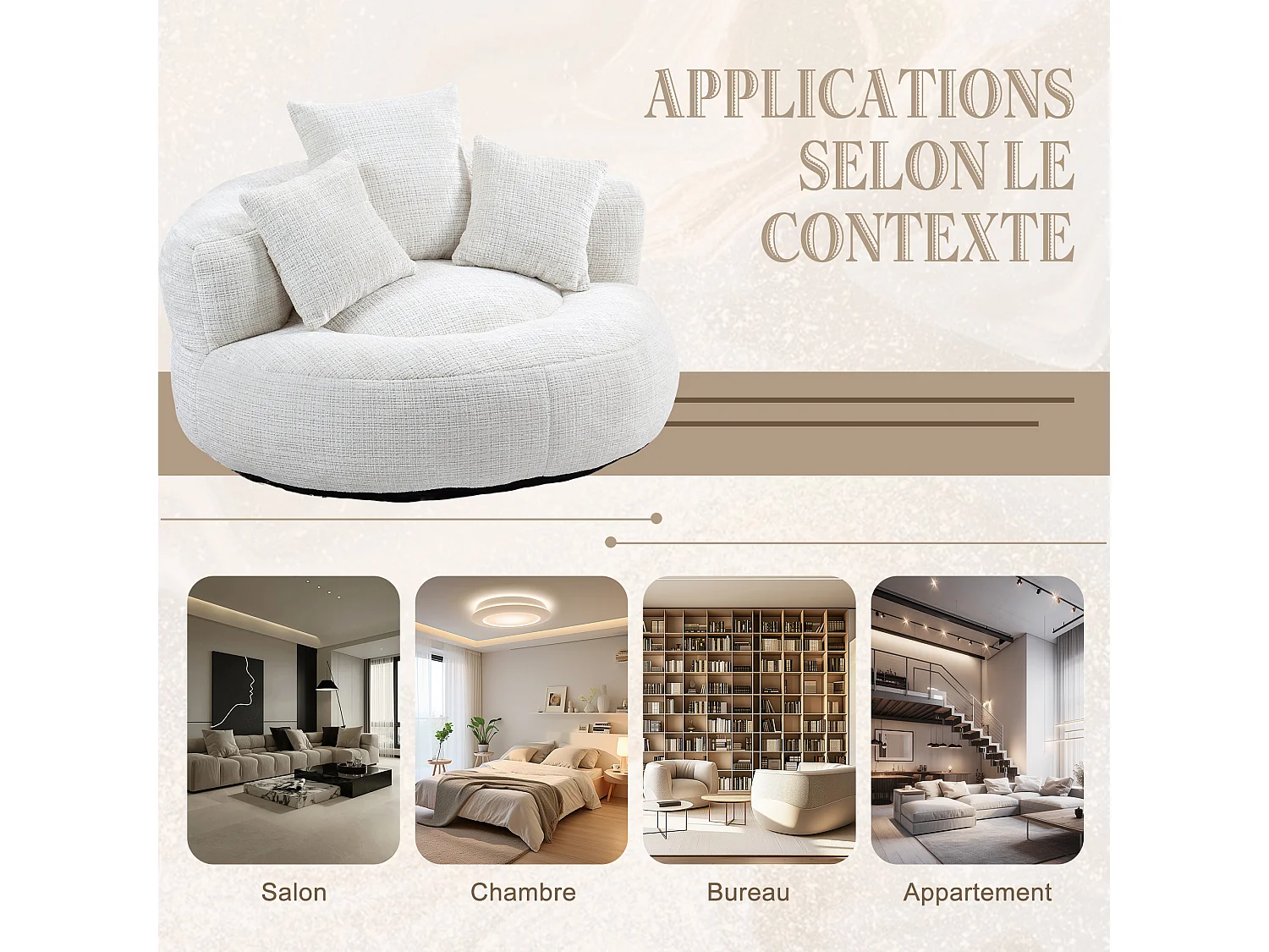 Fauteuil pouf beige – haut dossier – grand modèle – 3 coussins inclus – ultra moelleux et usage multi-situations - pour adultes et enfants