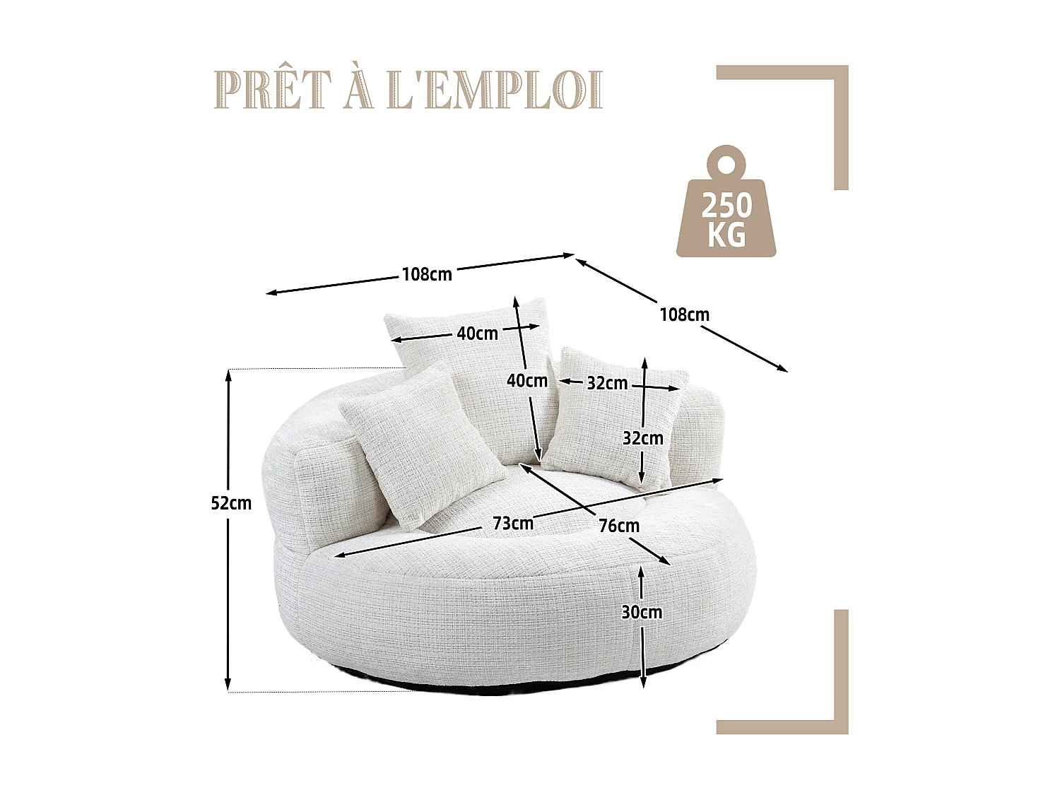 Fauteuil pouf beige – haut dossier – grand modèle – 3 coussins inclus – ultra moelleux et usage multi-situations - pour adultes et enfants