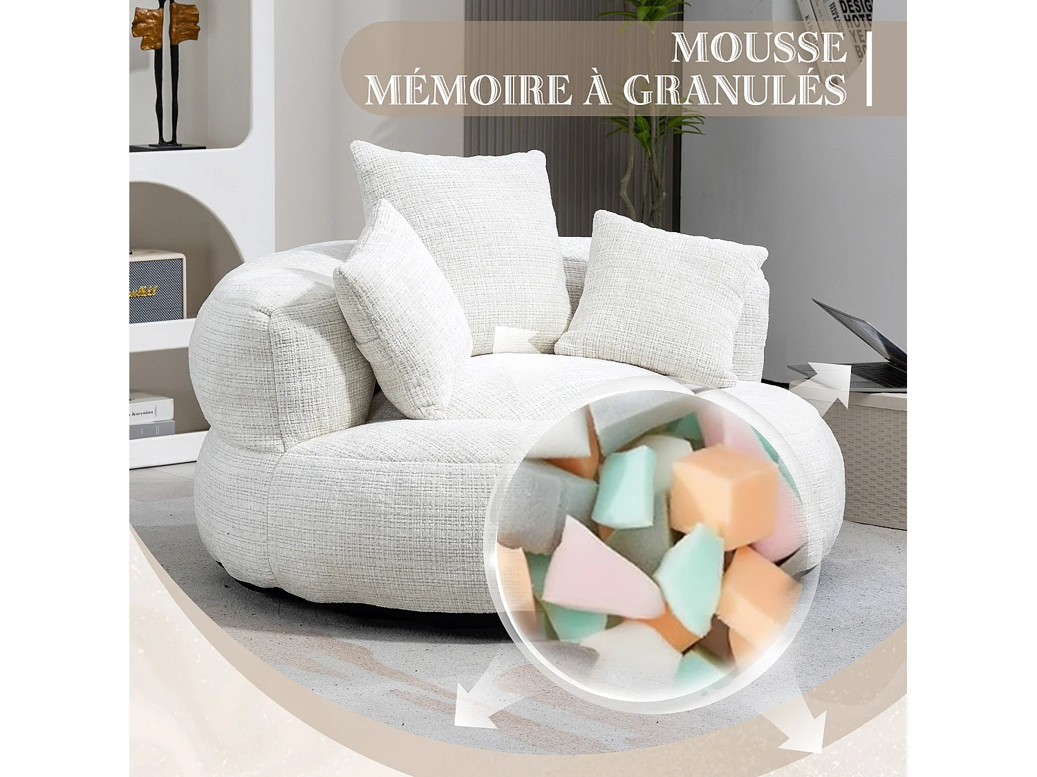 Fauteuil pouf beige – haut dossier – grand modèle – 3 coussins inclus – ultra moelleux et usage multi-situations - pour adultes et enfants