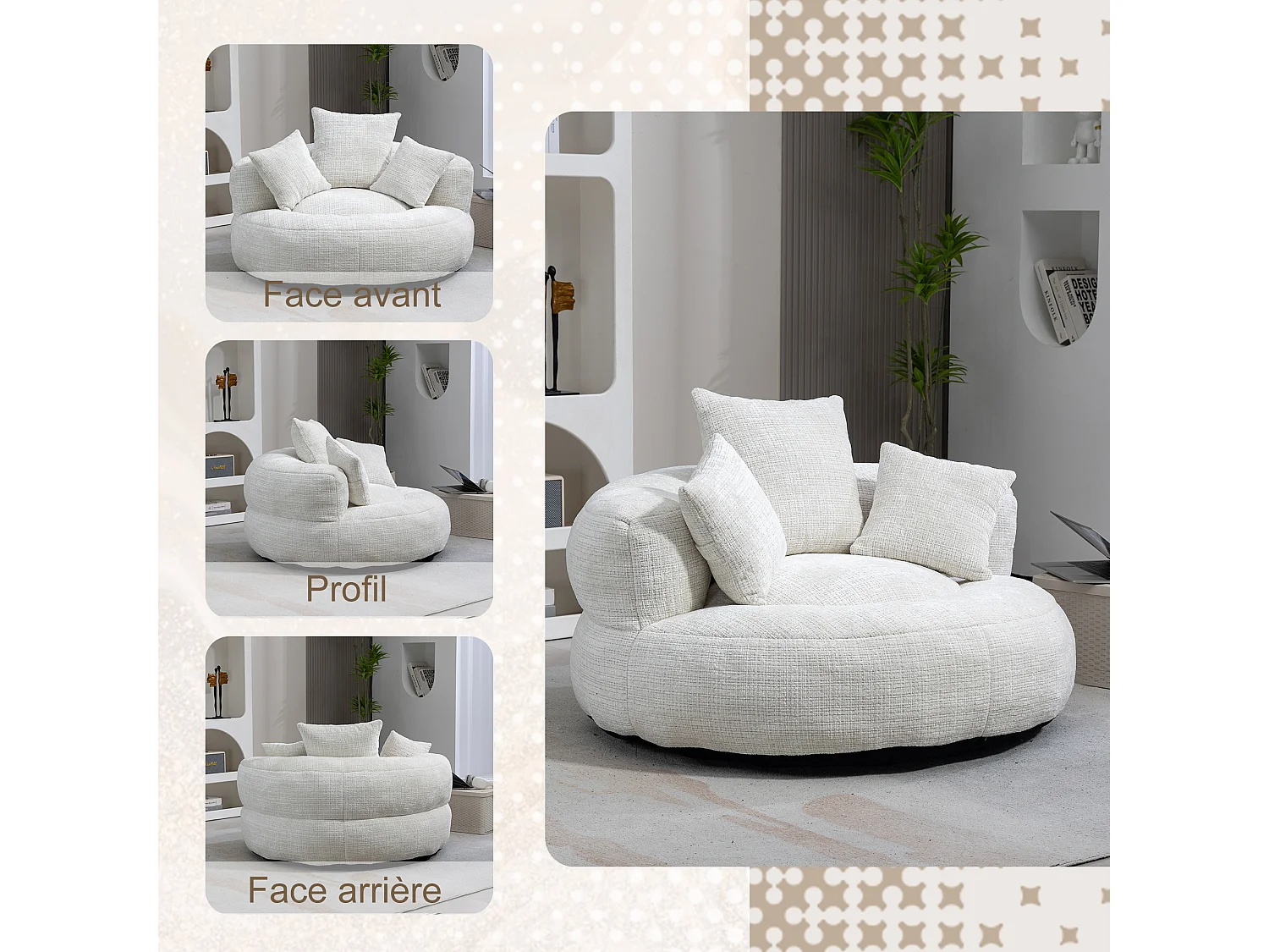 Fauteuil pouf beige – haut dossier – grand modèle – 3 coussins inclus – ultra moelleux et usage multi-situations - pour adultes et enfants