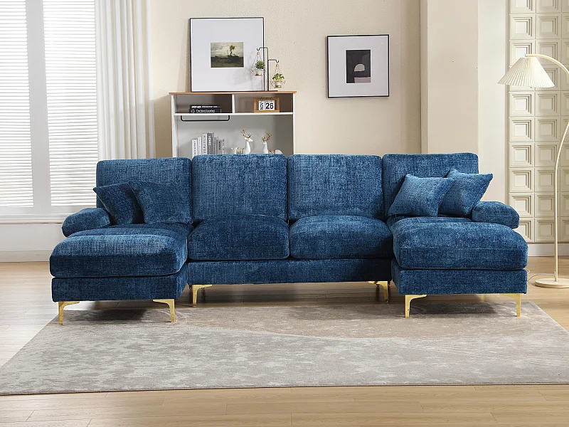 Modulaire U-vormige loungebank (272x136x88 cm) - 6 plaatsen in chenille - Omvormbaar tot bed - Relax-opstelling