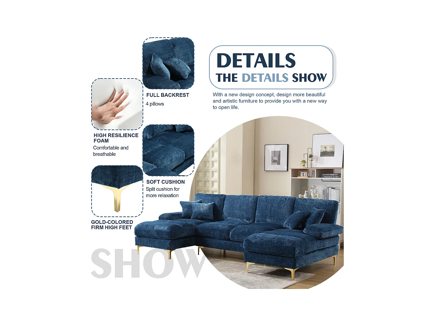 Canapé 4 Places Panoramique en Chenille Bleu à Double Couche (272x136x88 cm) - Pieds Dorés pour un Confort Exceptionnel