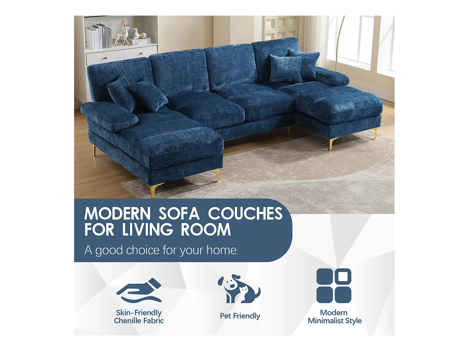 Canapé 4 Places Panoramique en Chenille Bleu à Double Couche (272x136x88 cm) - Pieds Dorés pour un Confort Exceptionnel