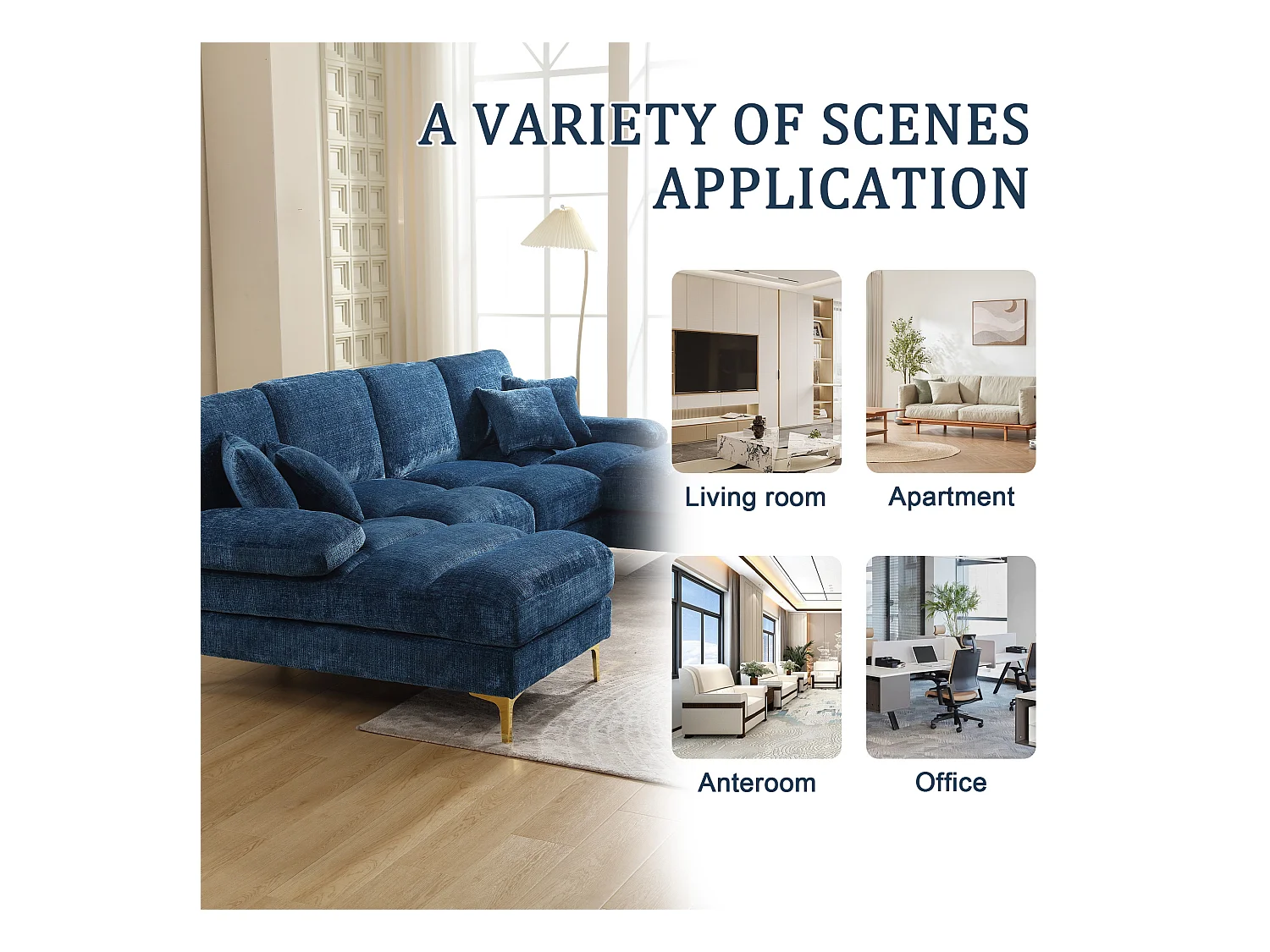 Canapé 4 Places Panoramique en Chenille Bleu à Double Couche (272x136x88 cm) - Pieds Dorés pour un Confort Exceptionnel