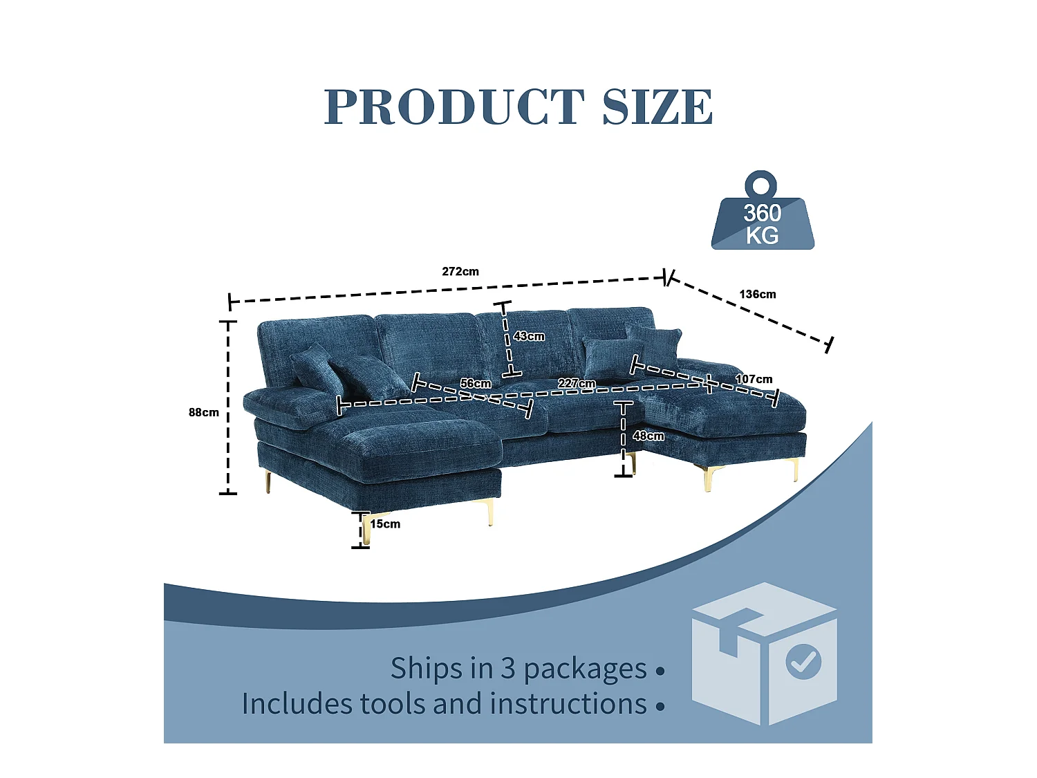 Canapé 4 Places Panoramique en Chenille Bleu à Double Couche (272x136x88 cm) - Pieds Dorés pour un Confort Exceptionnel
