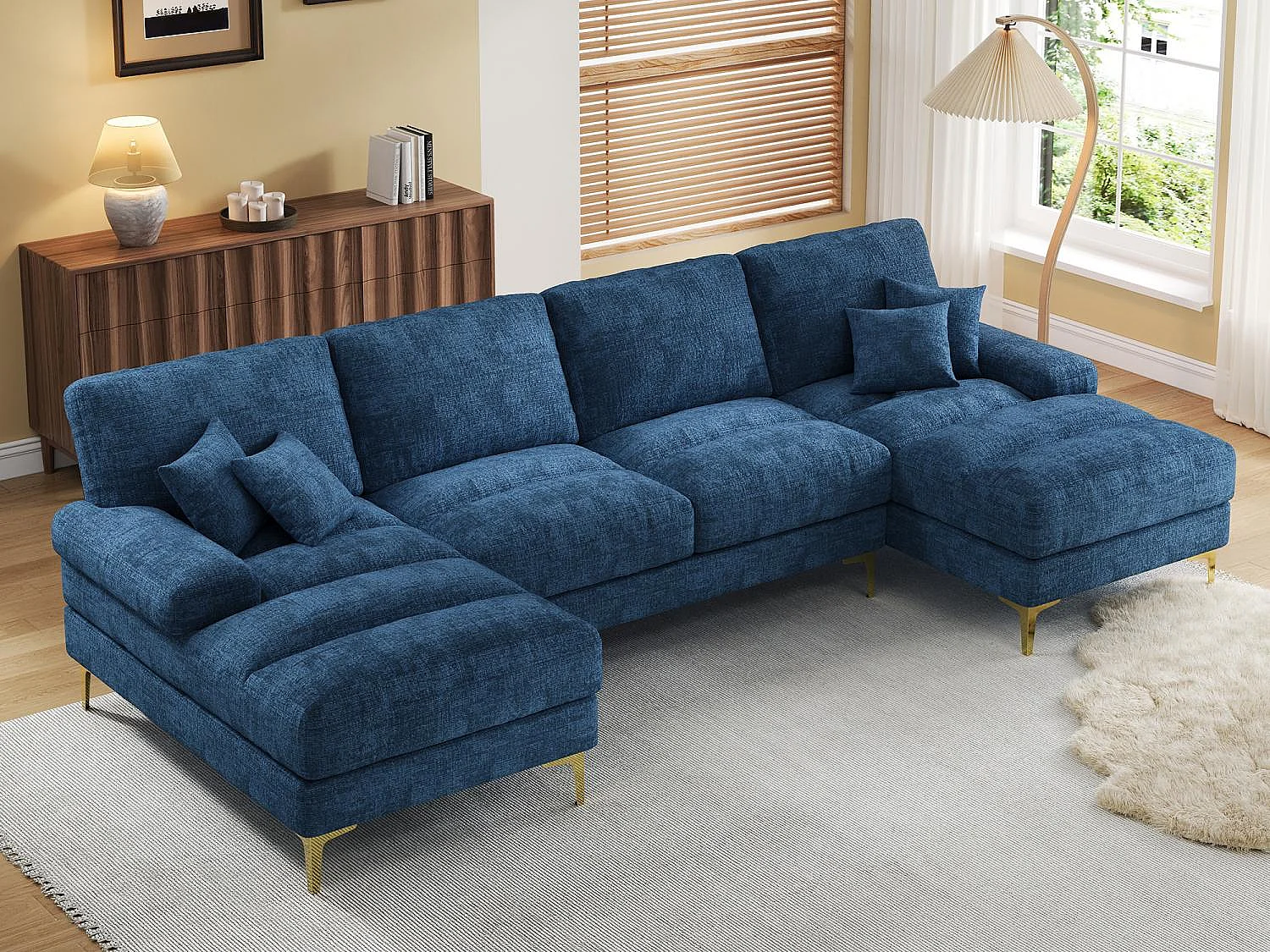 Modulaire U-vormige loungebank (272x136x88 cm) - 6 plaatsen in chenille - Omvormbaar tot bed - Relax-opstelling