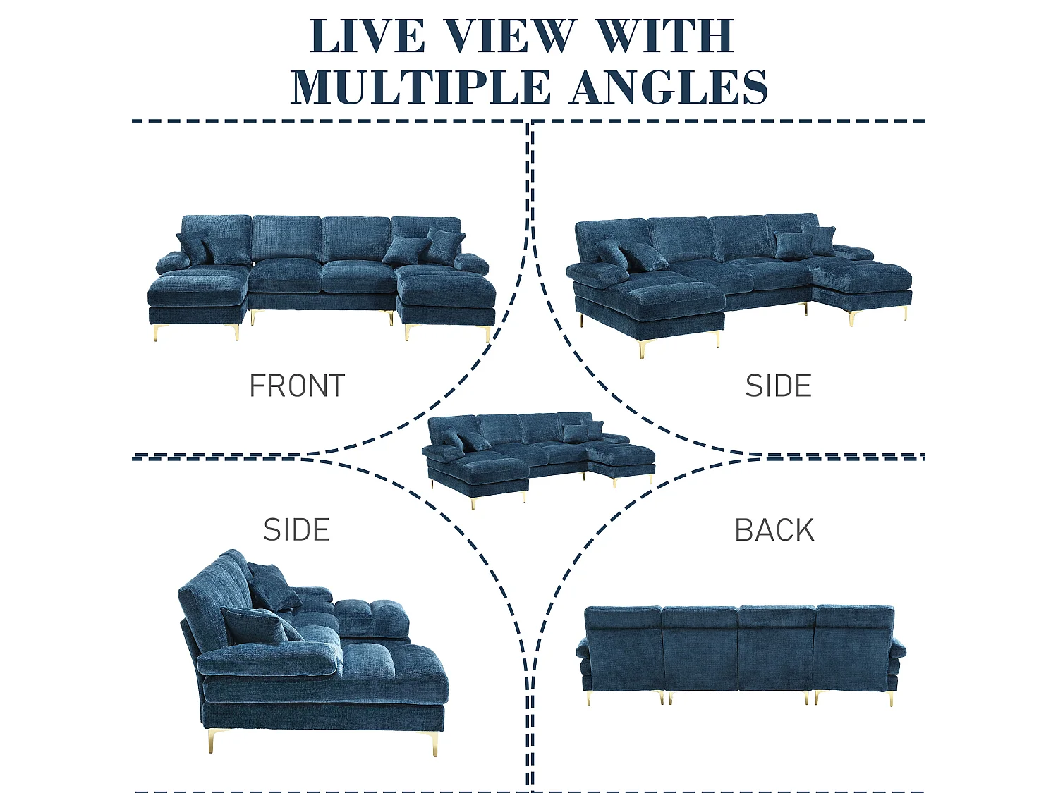 Modulaire U-vormige loungebank (272x136x88 cm) - 6 plaatsen in chenille - Omvormbaar tot bed - Relax-opstelling