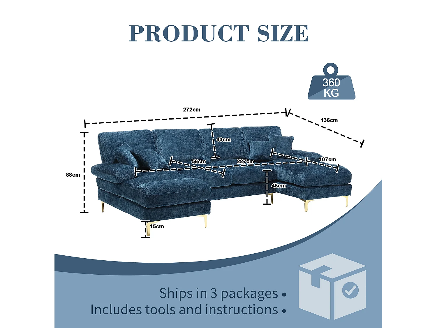 Modulaire U-vormige loungebank (272x136x88 cm) - 6 plaatsen in chenille - Omvormbaar tot bed - Relax-opstelling