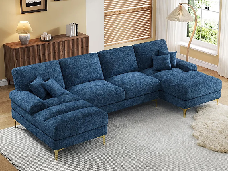 Modulaire U-vormige loungebank (272x136x88 cm) - 6 plaatsen in chenille - Omvormbaar tot bed - Relax-opstelling