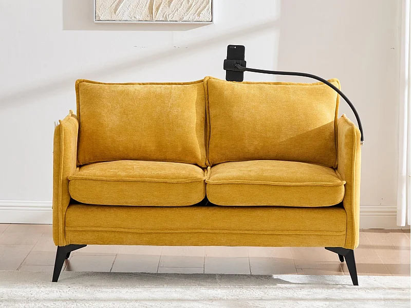 Canapé 2 places en tissu chenille jaune – support téléphone – port USB et poches latérales  – Idéal pour salon, bureau ou chambre