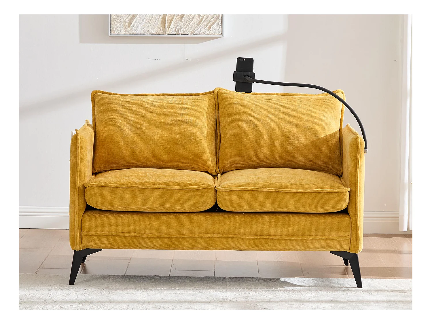 Canapé 2 places en tissu chenille jaune – support téléphone – port USB et poches latérales  – Idéal pour salon, bureau ou chambre