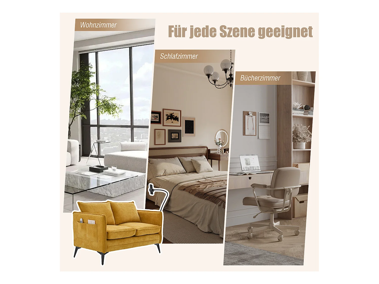 Canapé 2 places en tissu chenille jaune – support téléphone – port USB et poches latérales  – Idéal pour salon, bureau ou chambre