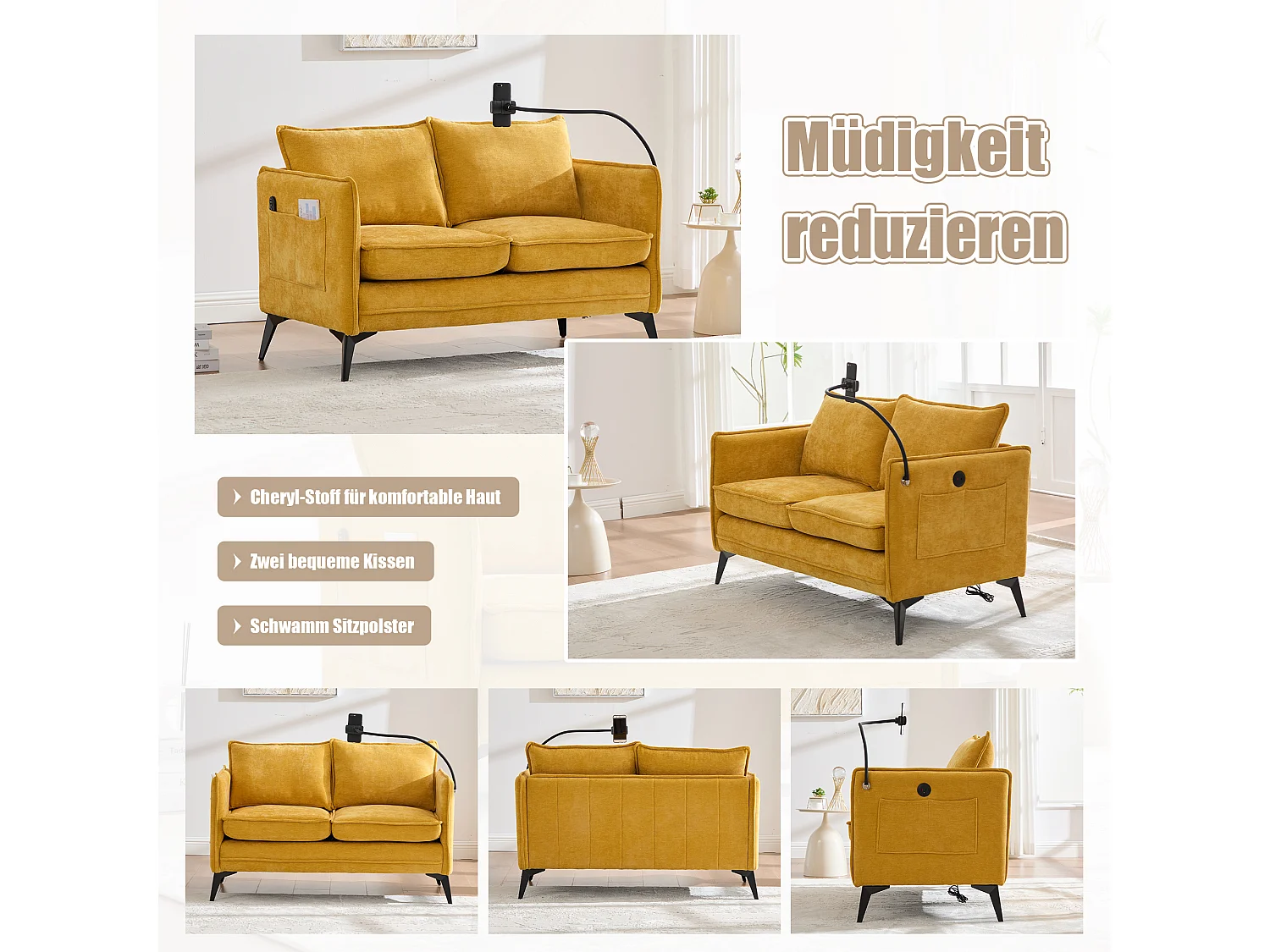 Canapé 2 places en tissu chenille jaune – support téléphone – port USB et poches latérales  – Idéal pour salon, bureau ou chambre