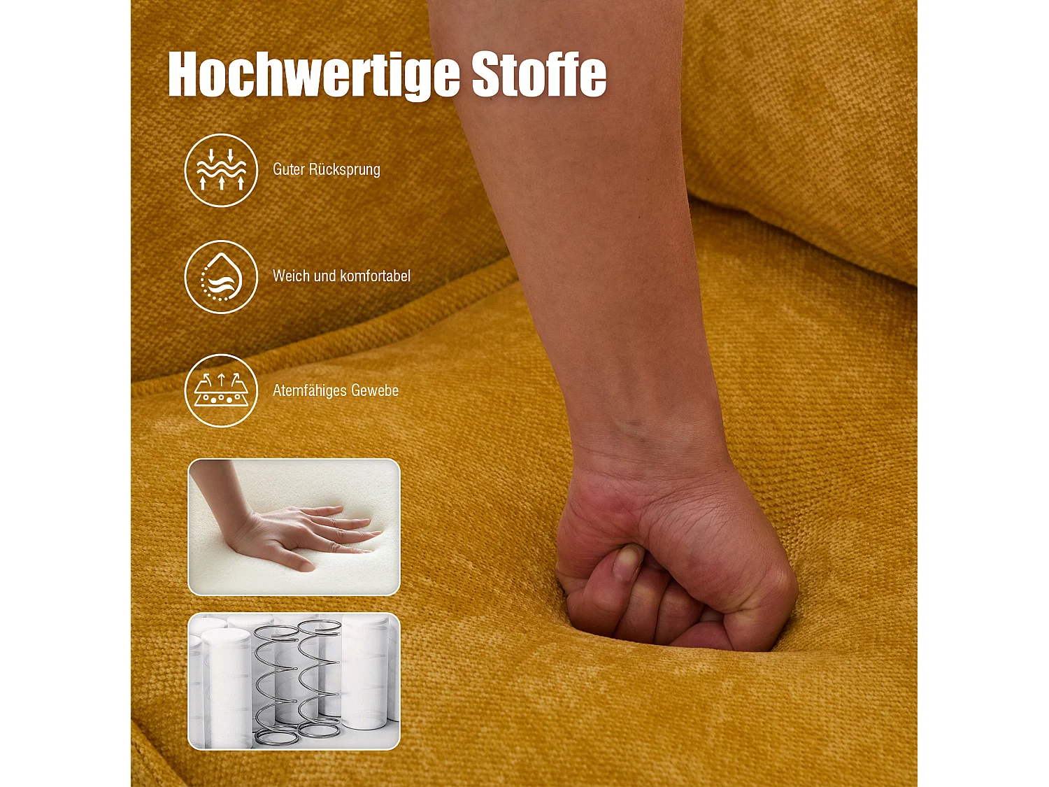 Canapé 2 places en tissu chenille jaune – support téléphone – port USB et poches latérales  – Idéal pour salon, bureau ou chambre