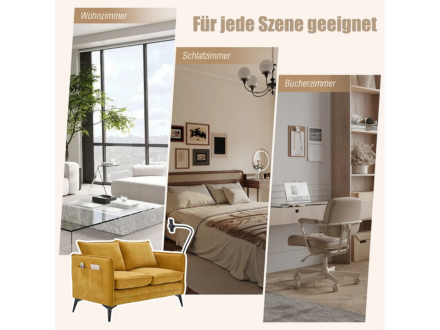 Canapé 2 places en tissu chenille jaune – support téléphone – port USB et poches latérales  – Idéal pour salon, bureau ou chambre