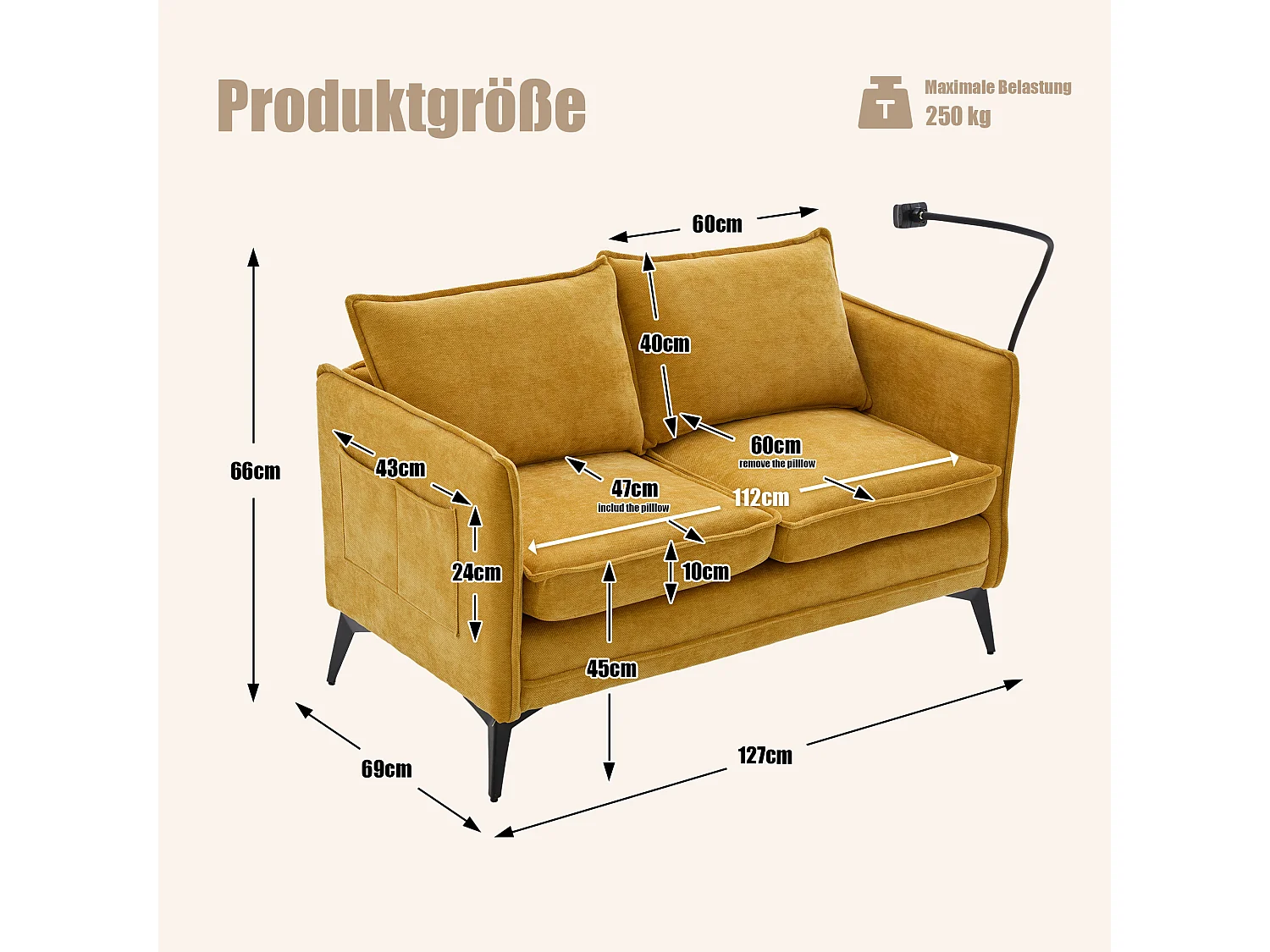 Canapé 2 places en tissu chenille jaune – support téléphone – port USB et poches latérales  – Idéal pour salon, bureau ou chambre