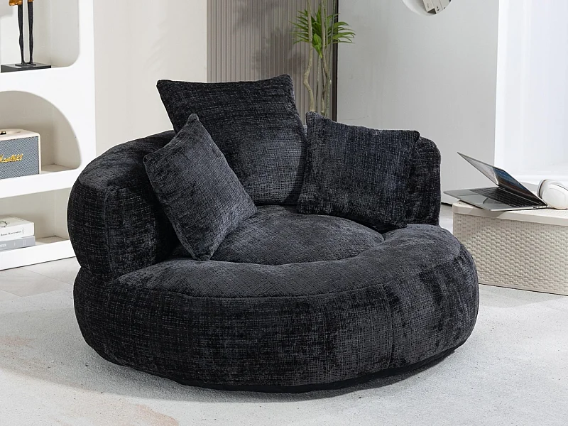 Fauteuil pouf noir  – haut dossier – grand modèle – 3 coussins inclus – ultra moelleux et usage multi-situations - pour adultes et enfants