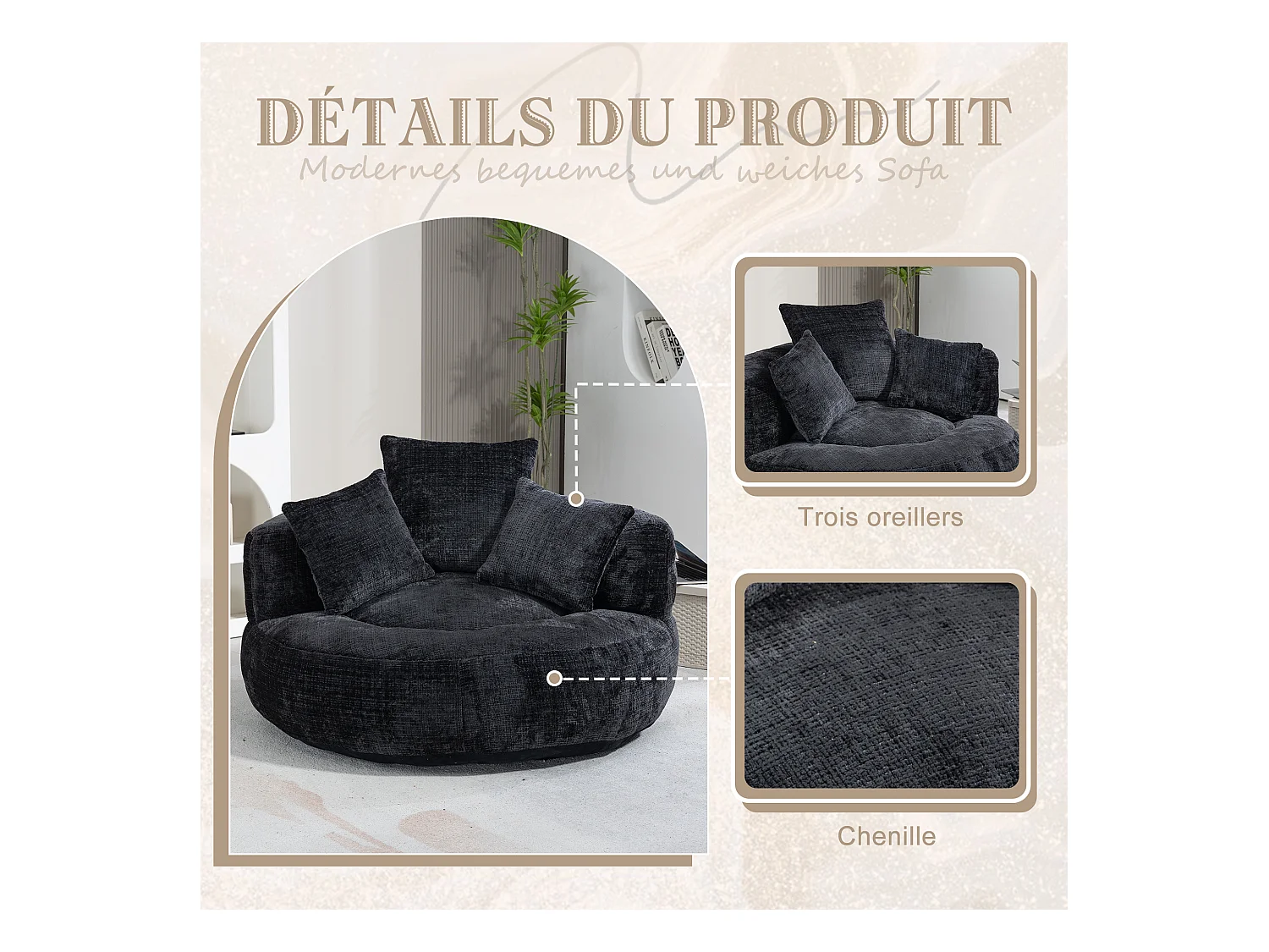 Fauteuil pouf noir  – haut dossier – grand modèle – 3 coussins inclus – ultra moelleux et usage multi-situations - pour adultes et enfants