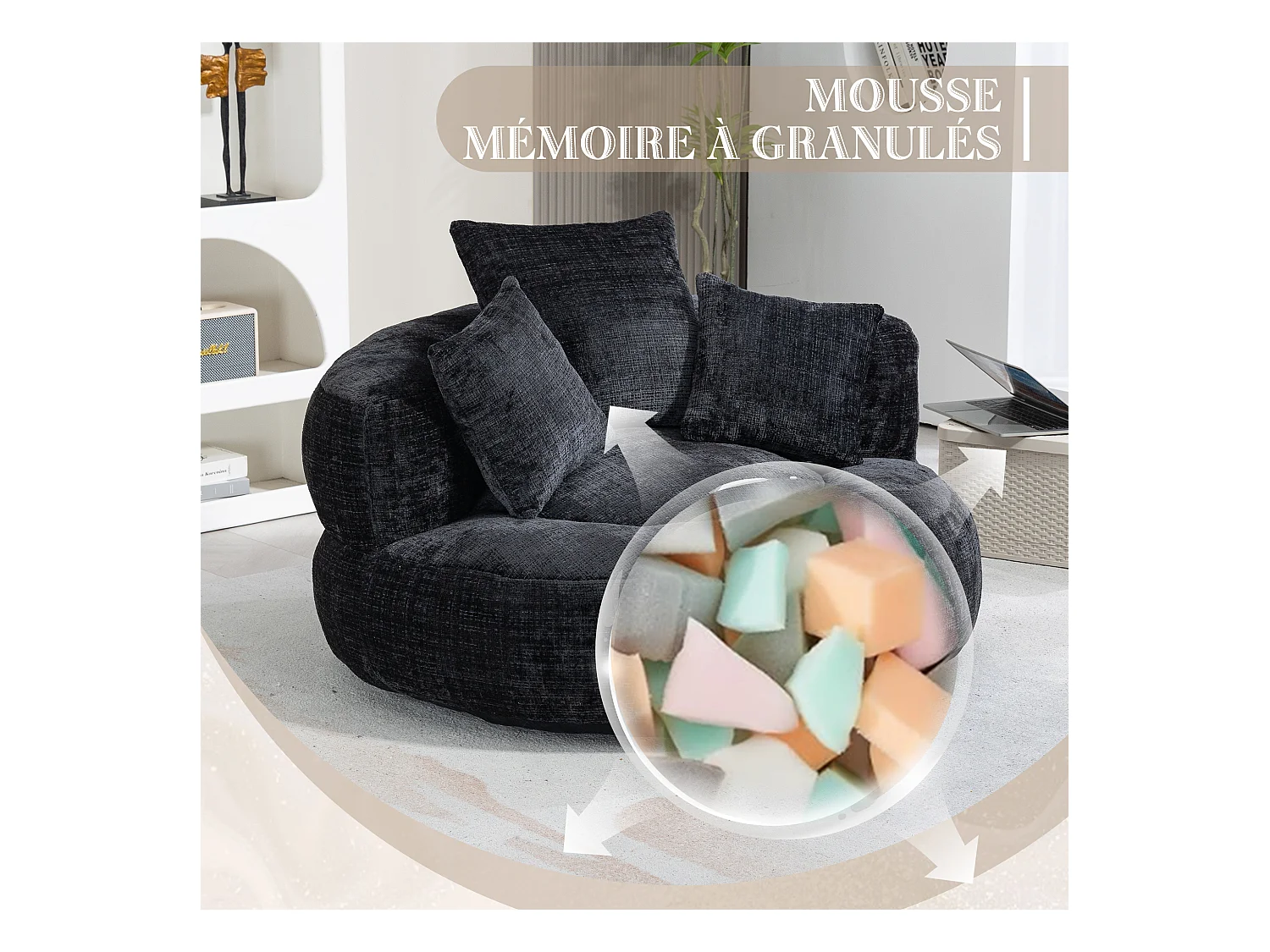 Fauteuil pouf noir  – haut dossier – grand modèle – 3 coussins inclus – ultra moelleux et usage multi-situations - pour adultes et enfants