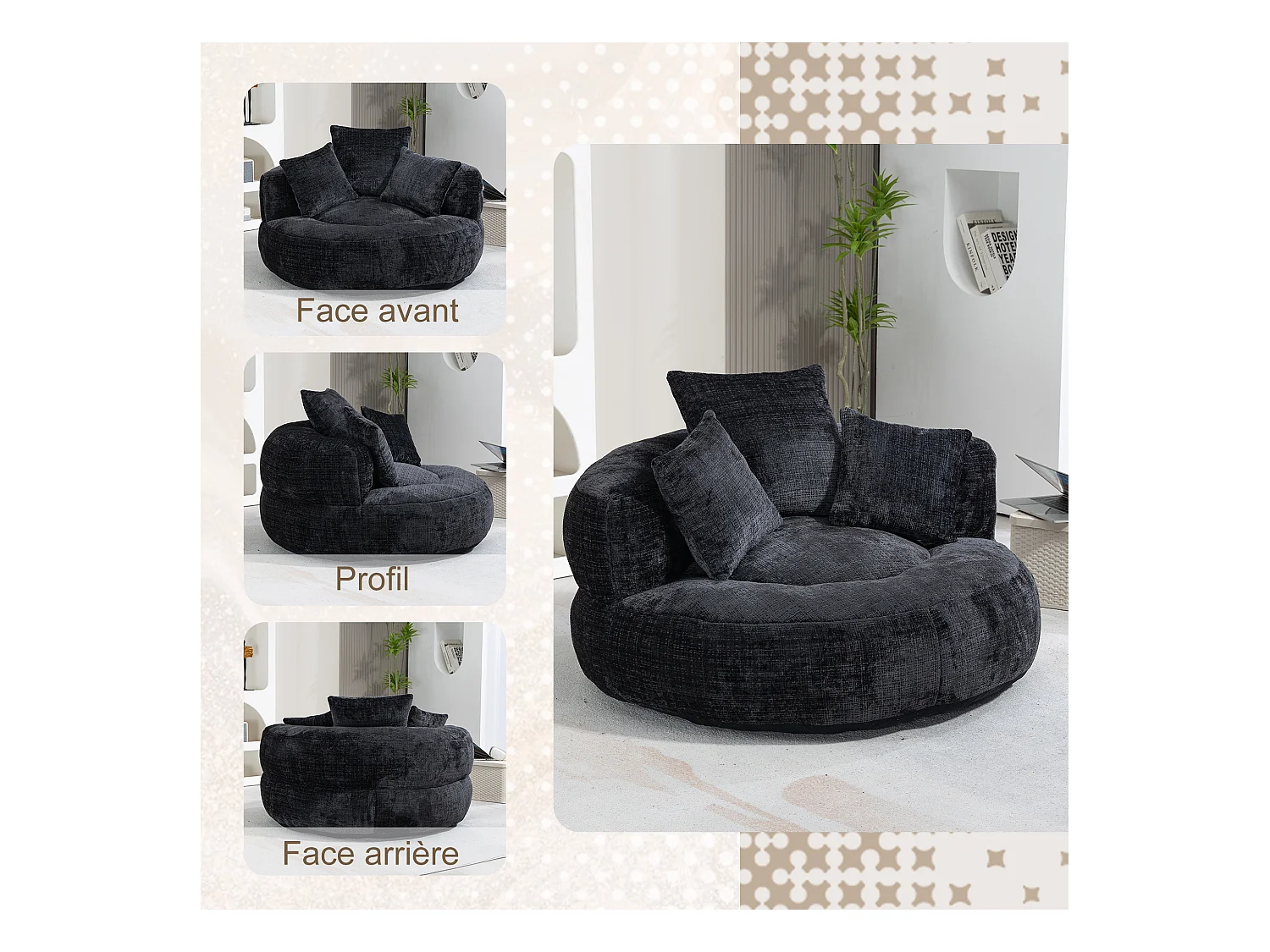 Fauteuil pouf noir  – haut dossier – grand modèle – 3 coussins inclus – ultra moelleux et usage multi-situations - pour adultes et enfants