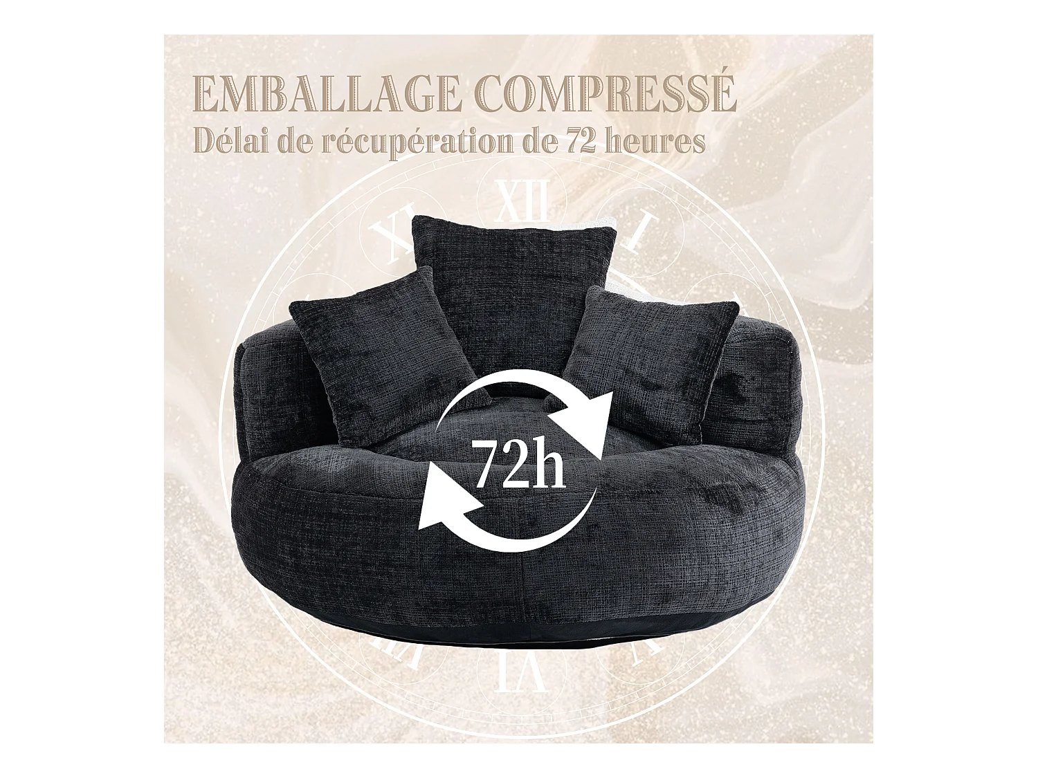 Fauteuil pouf noir  – haut dossier – grand modèle – 3 coussins inclus – ultra moelleux et usage multi-situations - pour adultes et enfants