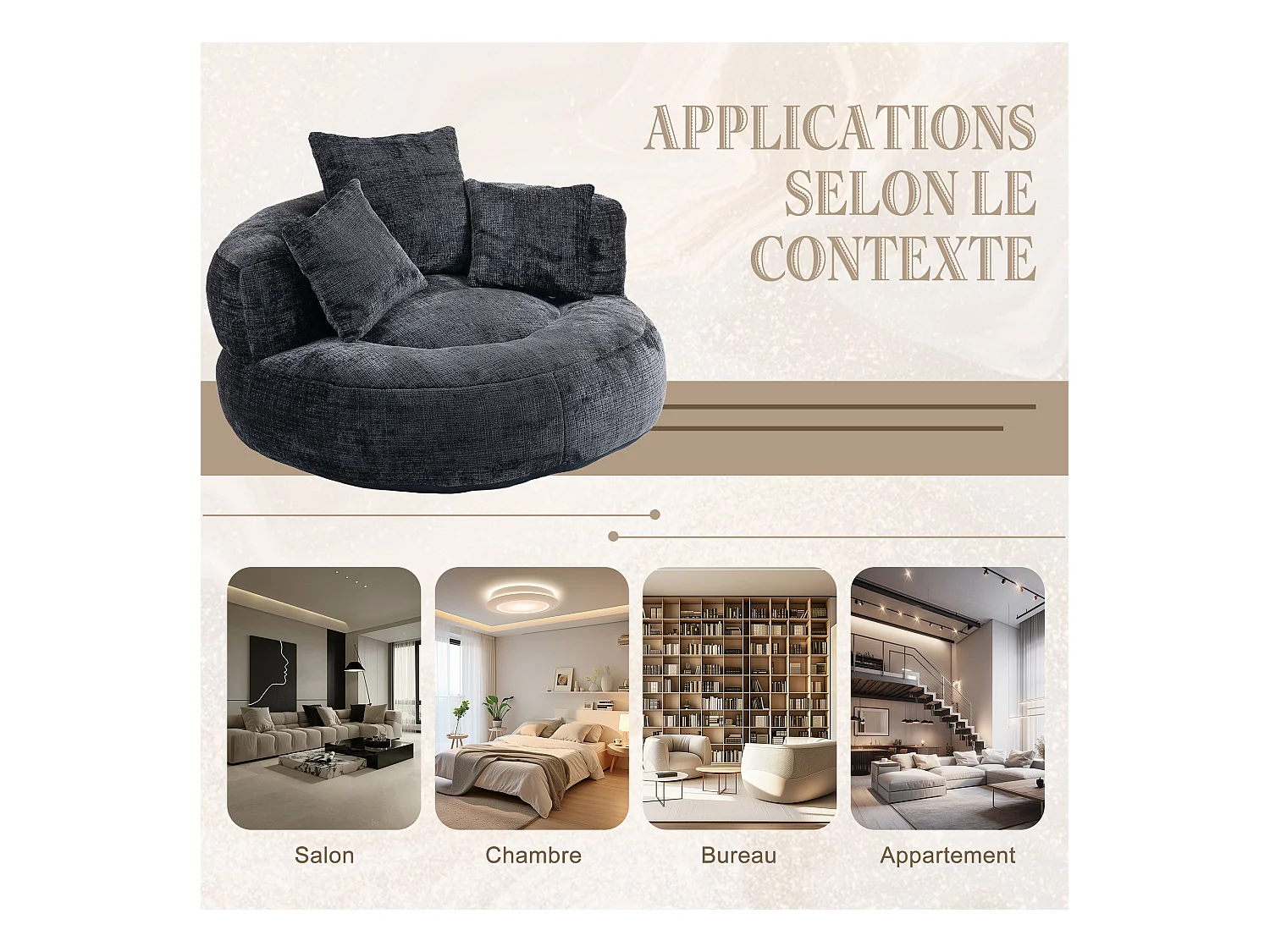 Fauteuil pouf noir  – haut dossier – grand modèle – 3 coussins inclus – ultra moelleux et usage multi-situations - pour adultes et enfants