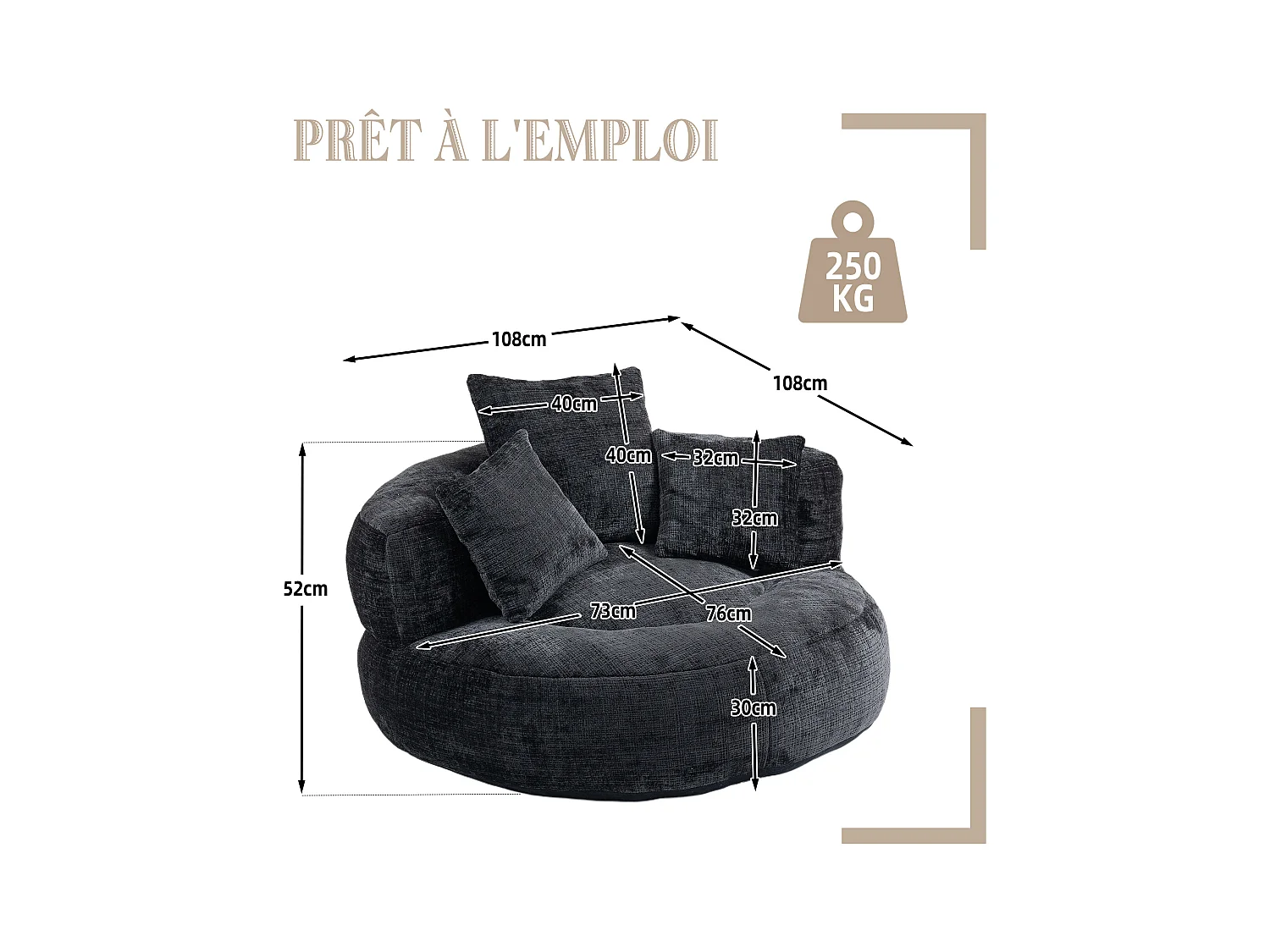 Fauteuil pouf noir  – haut dossier – grand modèle – 3 coussins inclus – ultra moelleux et usage multi-situations - pour adultes et enfants