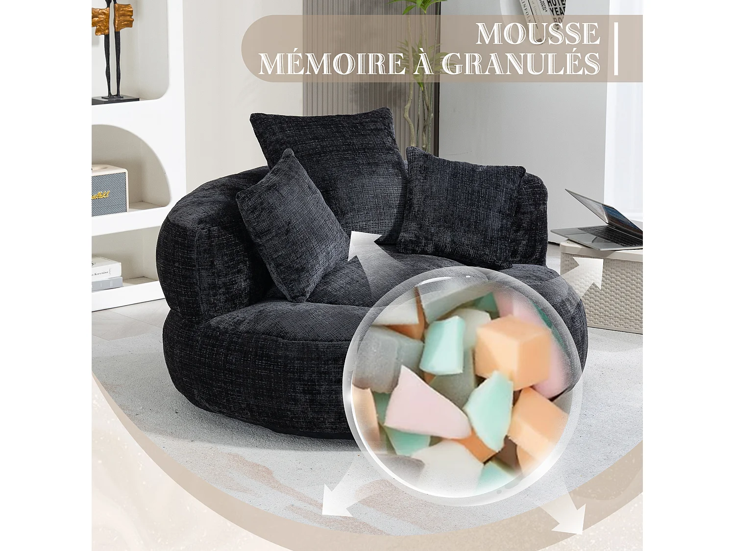 Fauteuil pouf noir  – haut dossier – grand modèle – 3 coussins inclus – ultra moelleux et usage multi-situations - pour adultes et enfants