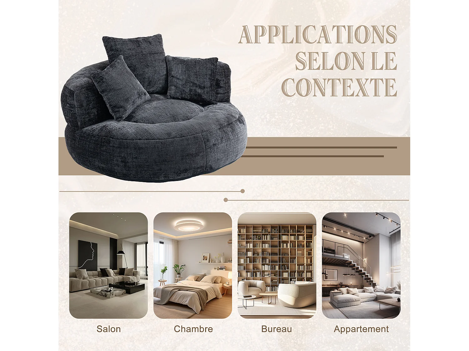 Fauteuil pouf noir  – haut dossier – grand modèle – 3 coussins inclus – ultra moelleux et usage multi-situations - pour adultes et enfants