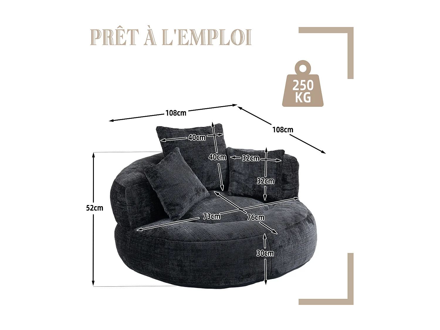 Fauteuil pouf noir  – haut dossier – grand modèle – 3 coussins inclus – ultra moelleux et usage multi-situations - pour adultes et enfants