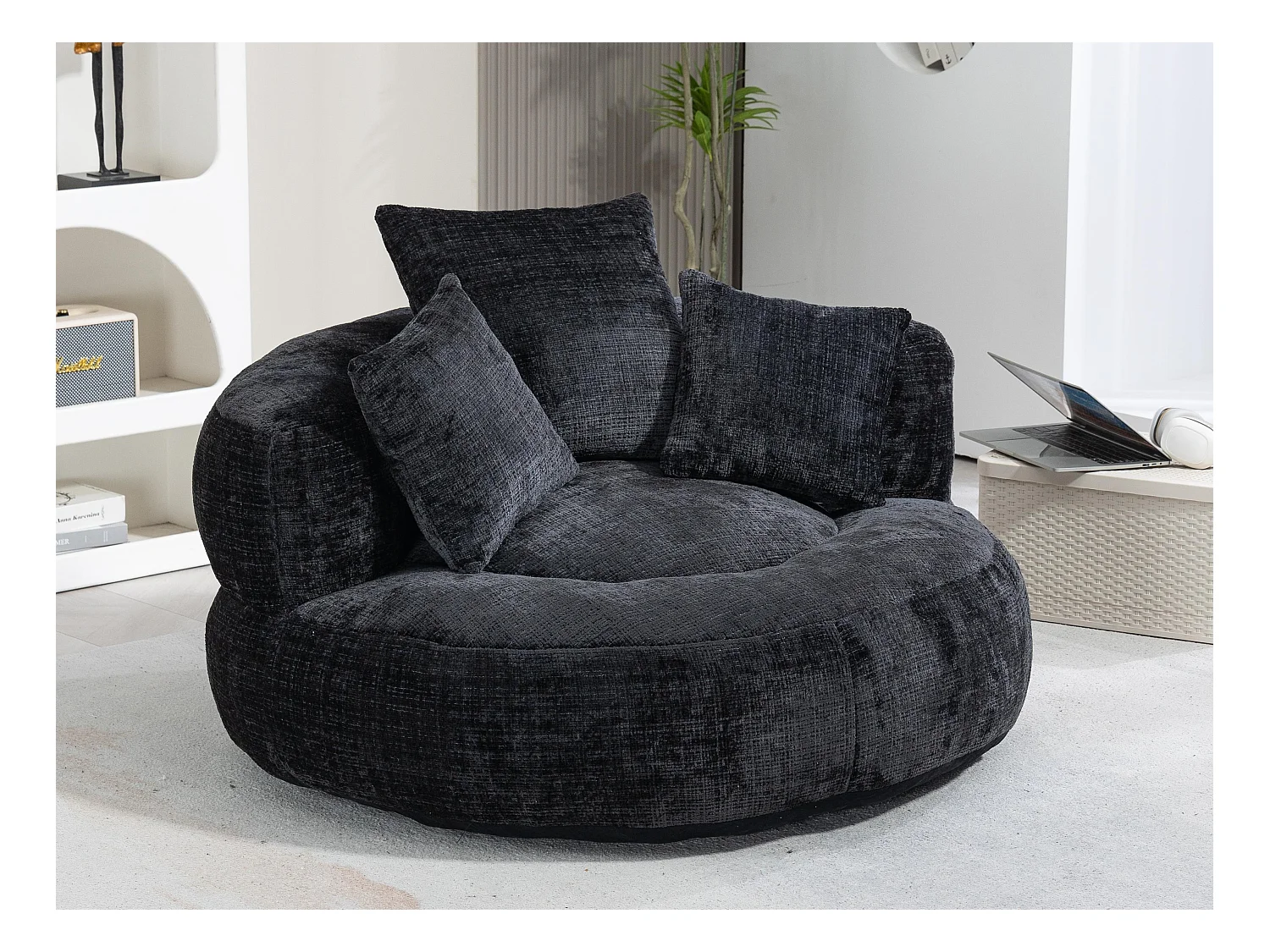 Fauteuil pouf noir  – haut dossier – grand modèle – 3 coussins inclus – ultra moelleux et usage multi-situations - pour adultes et enfants
