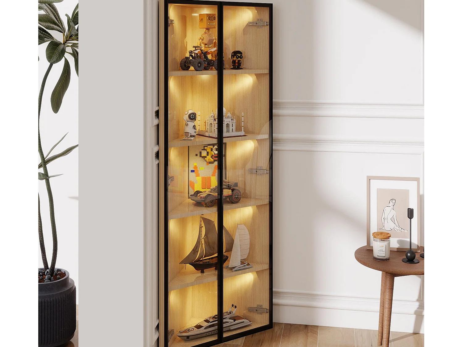 Vitrine d'angle 62x35x160cm - avec éclairage LED - 2 portes vitrées - naturel