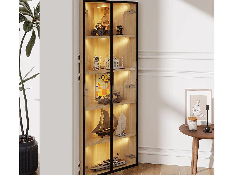 Vitrine d'angle 62x35x160cm - avec éclairage LED - 2 portes vitrées - naturel