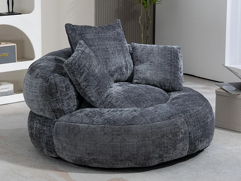 Fauteuil pouf gris  – haut dossier – grand modèle – 3 coussins inclus –  ultra moelleux et usage multi-situations - pour adultes et enfants