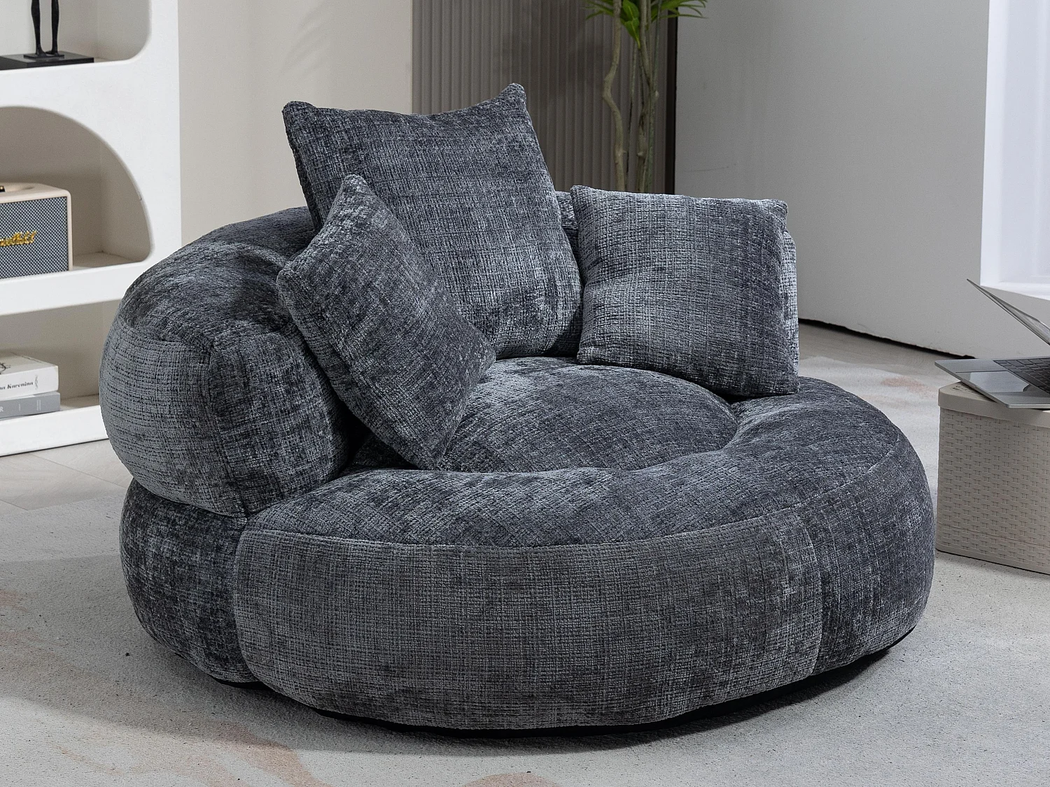 Fauteuil pouf gris  – haut dossier – grand modèle – 3 coussins inclus –  ultra moelleux et usage multi-situations - pour adultes et enfants