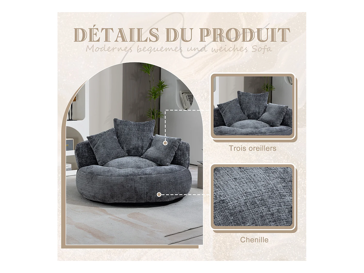 Fauteuil pouf gris  – haut dossier – grand modèle – 3 coussins inclus –  ultra moelleux et usage multi-situations - pour adultes et enfants