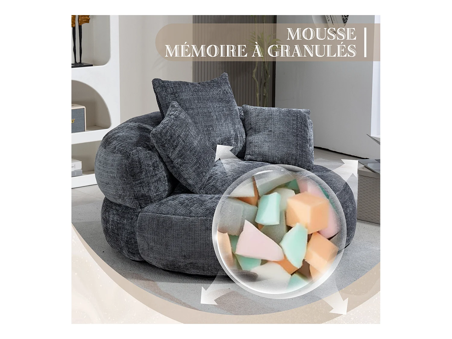 Fauteuil pouf gris  – haut dossier – grand modèle – 3 coussins inclus –  ultra moelleux et usage multi-situations - pour adultes et enfants