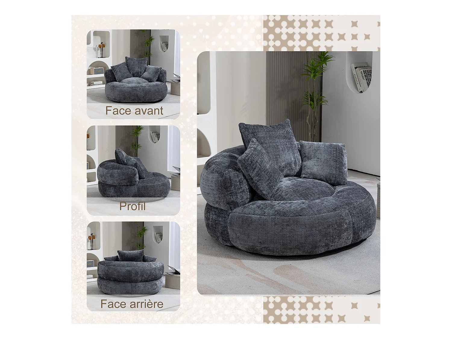 Fauteuil pouf gris  – haut dossier – grand modèle – 3 coussins inclus –  ultra moelleux et usage multi-situations - pour adultes et enfants