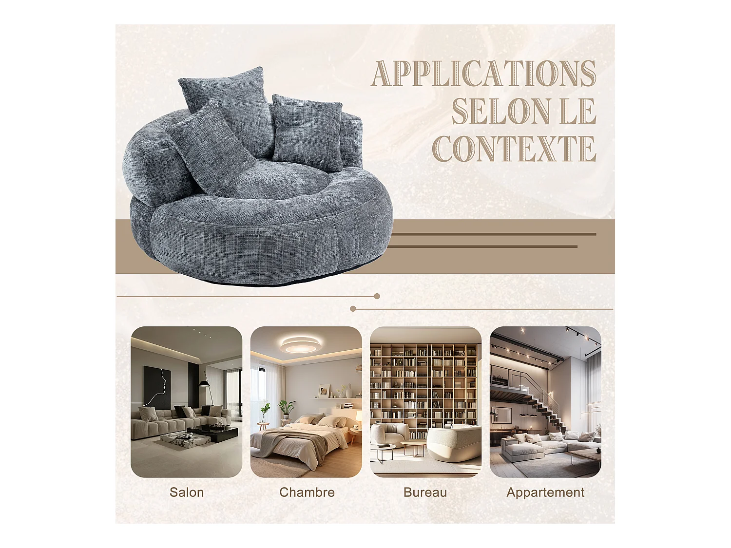 Fauteuil pouf gris  – haut dossier – grand modèle – 3 coussins inclus –  ultra moelleux et usage multi-situations - pour adultes et enfants