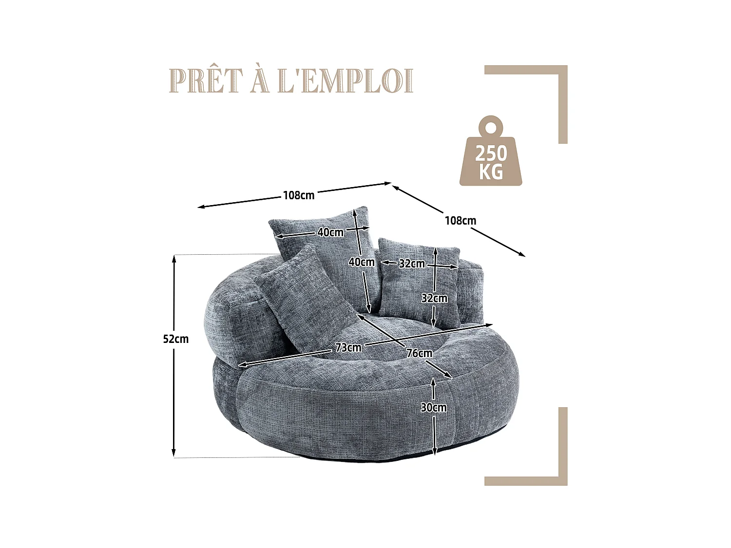 Fauteuil pouf gris  – haut dossier – grand modèle – 3 coussins inclus –  ultra moelleux et usage multi-situations - pour adultes et enfants