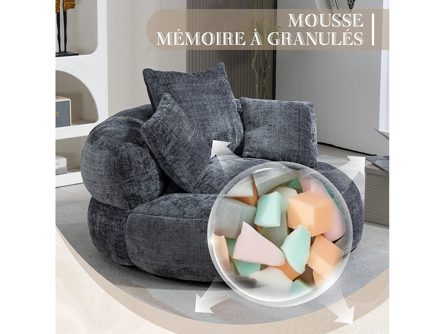 Fauteuil pouf gris  – haut dossier – grand modèle – 3 coussins inclus –  ultra moelleux et usage multi-situations - pour adultes et enfants