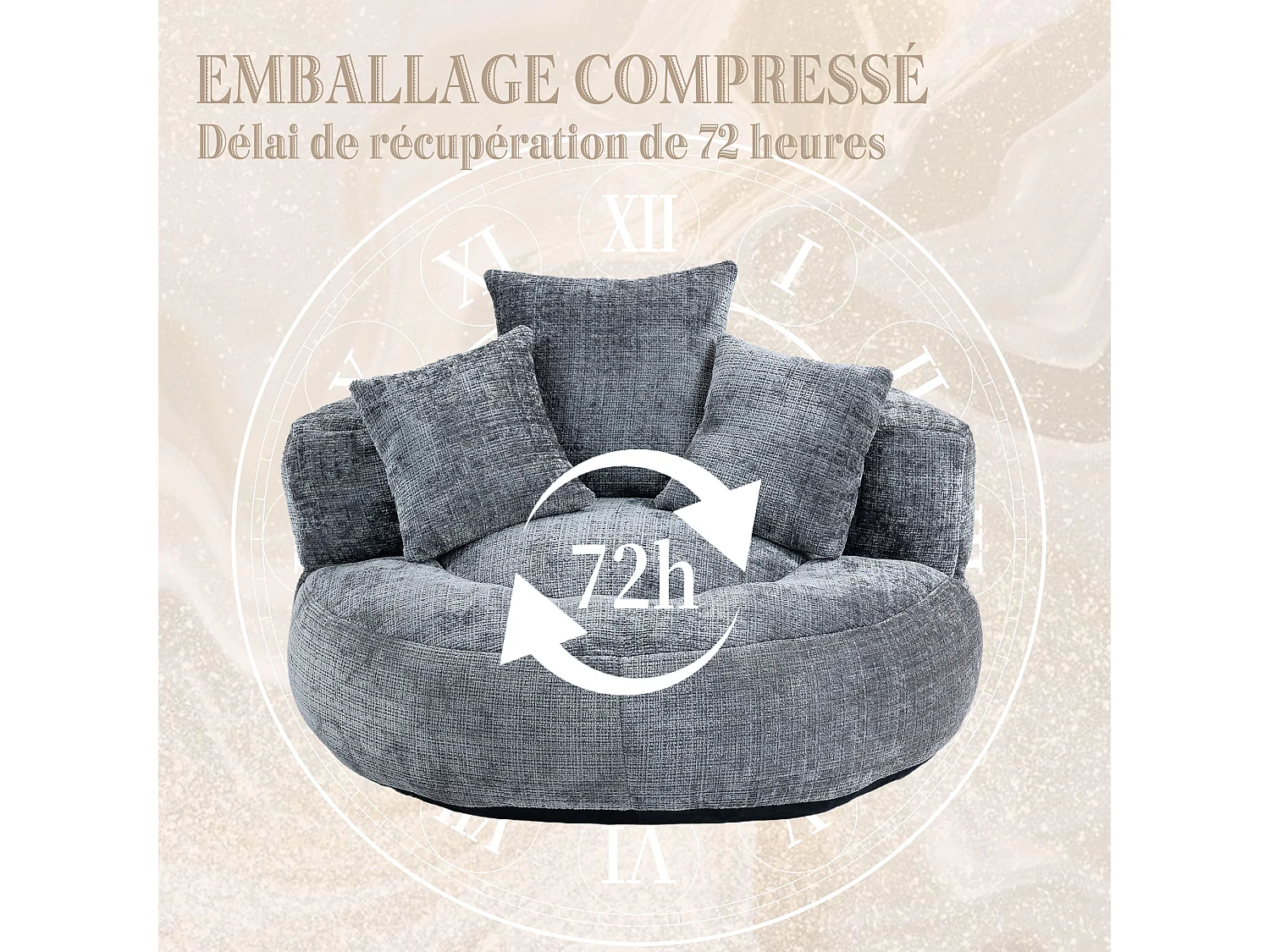 Fauteuil pouf gris  – haut dossier – grand modèle – 3 coussins inclus –  ultra moelleux et usage multi-situations - pour adultes et enfants