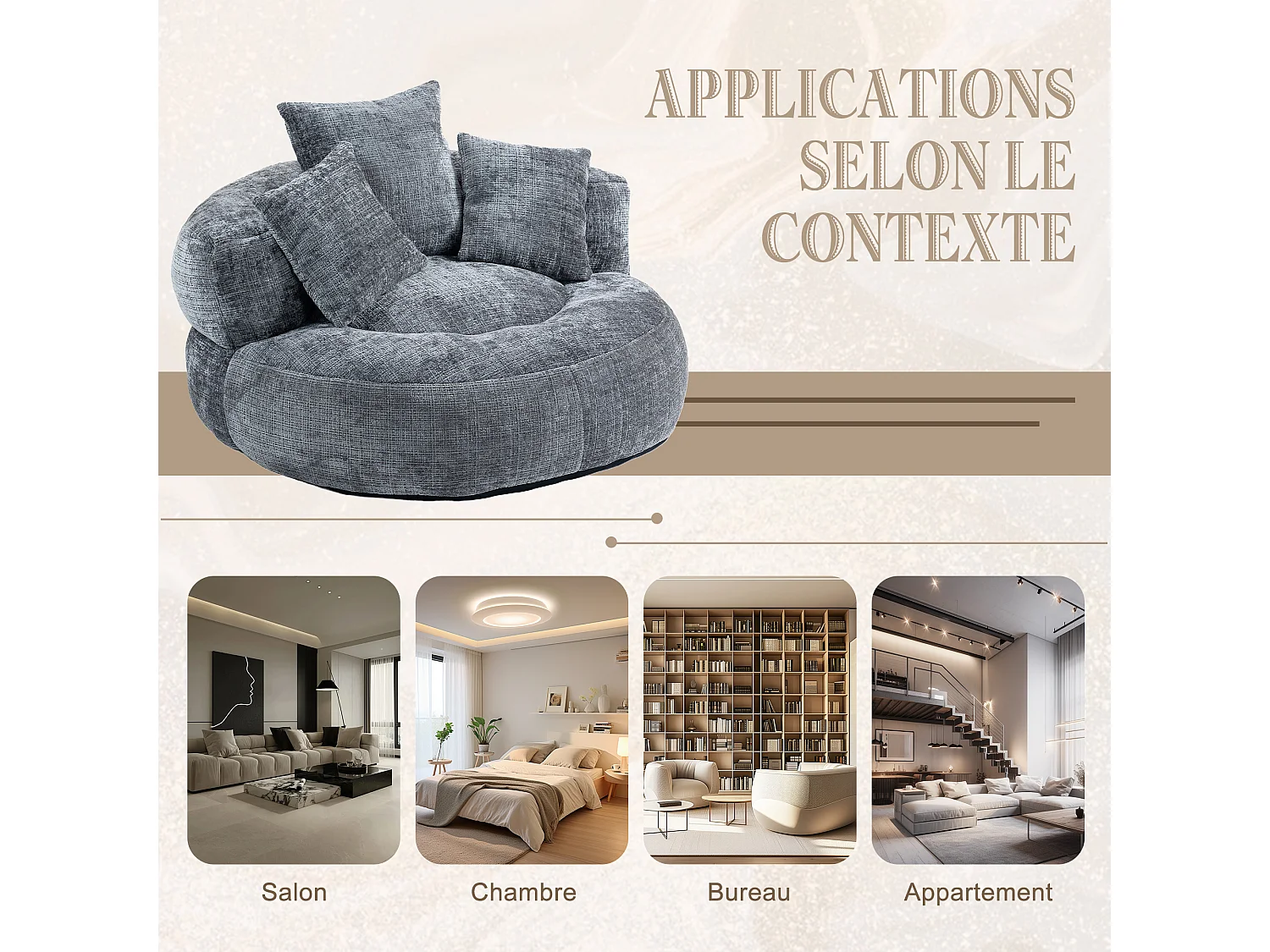 Fauteuil pouf gris  – haut dossier – grand modèle – 3 coussins inclus –  ultra moelleux et usage multi-situations - pour adultes et enfants