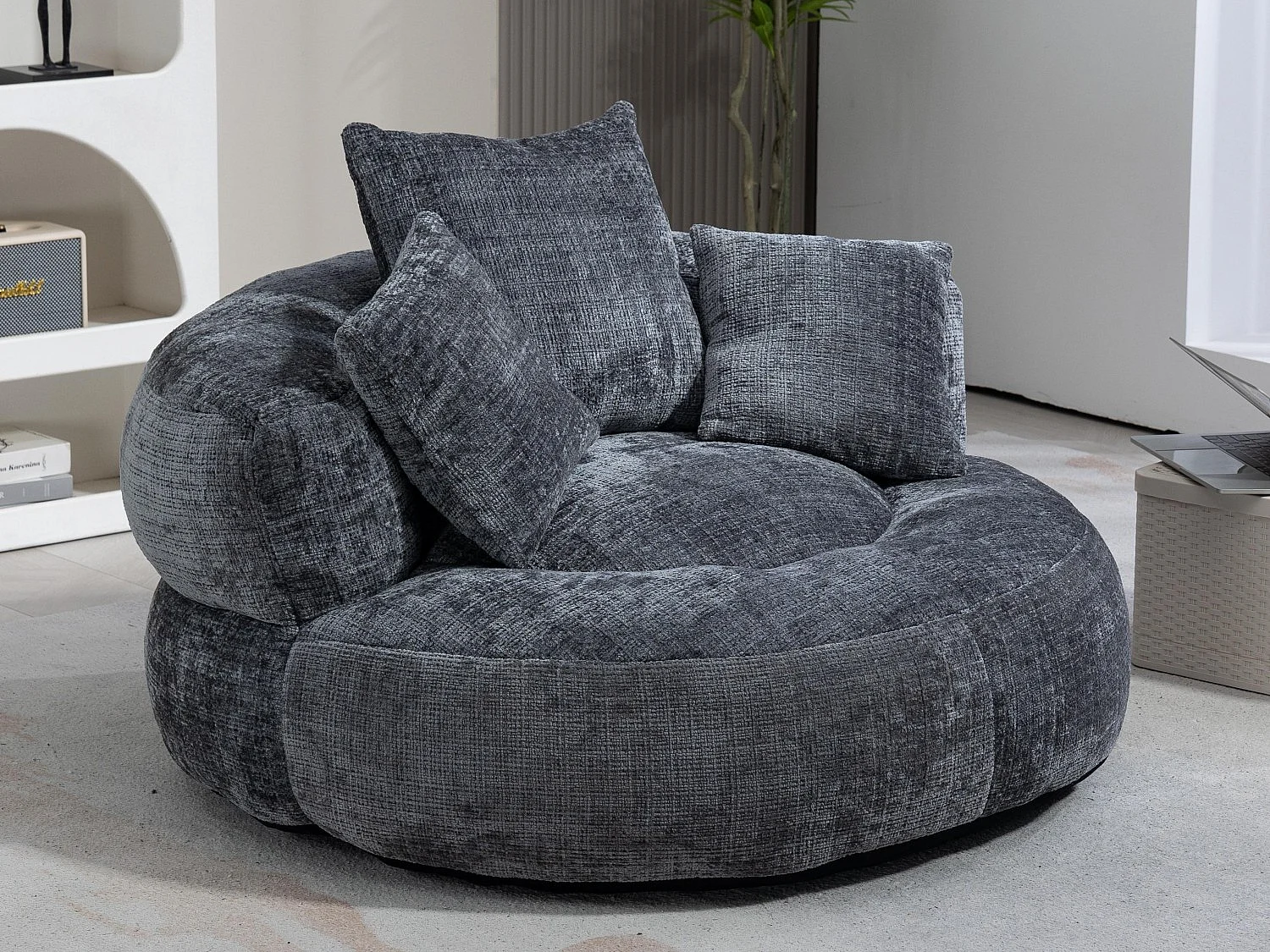 Fauteuil pouf gris  – haut dossier – grand modèle – 3 coussins inclus –  ultra moelleux et usage multi-situations - pour adultes et enfants