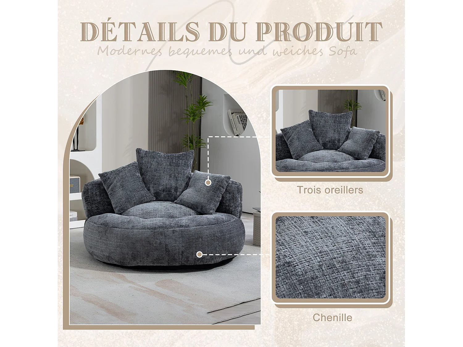 Fauteuil pouf gris  – haut dossier – grand modèle – 3 coussins inclus –  ultra moelleux et usage multi-situations - pour adultes et enfants