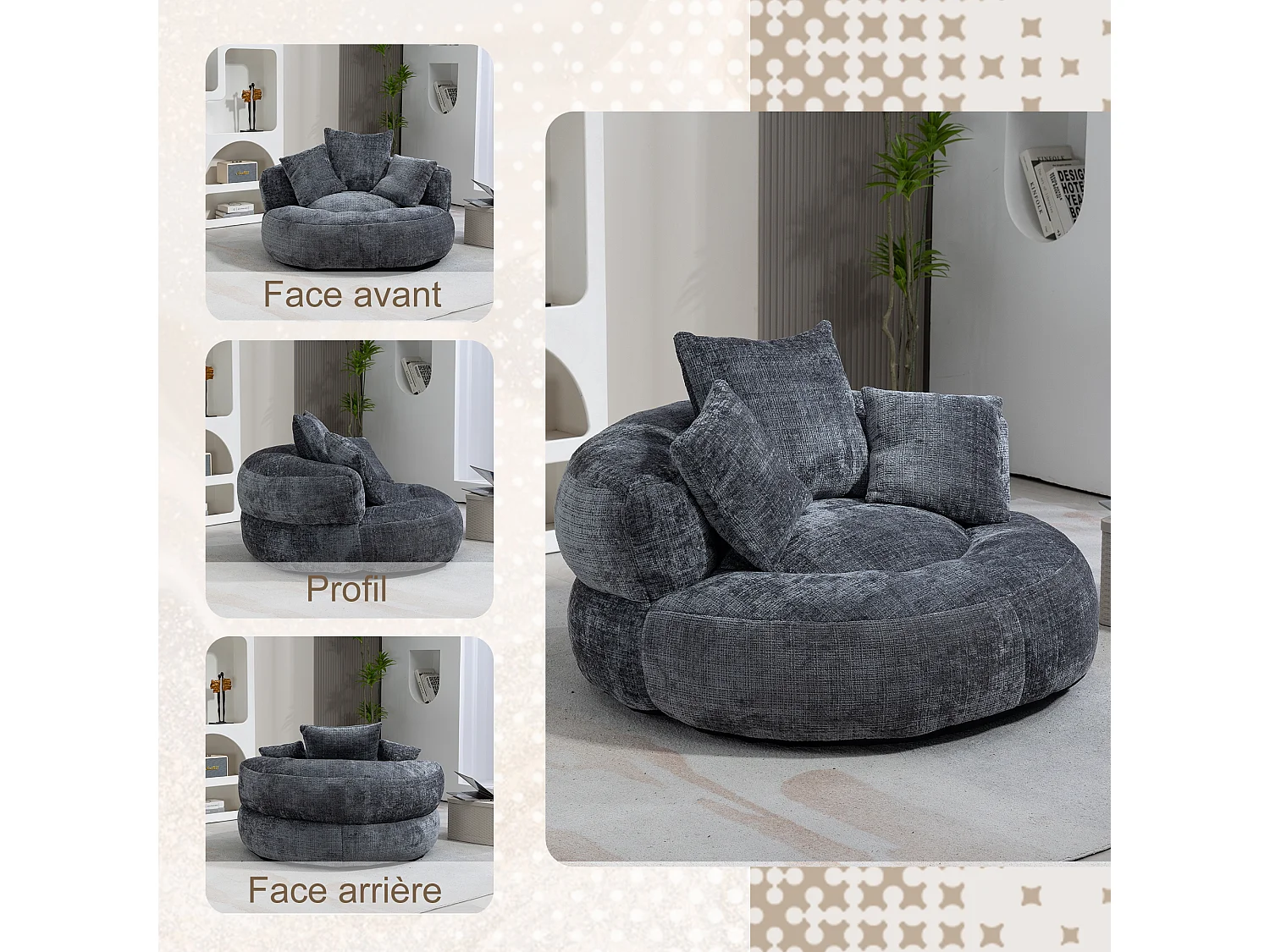 Fauteuil pouf gris  – haut dossier – grand modèle – 3 coussins inclus –  ultra moelleux et usage multi-situations - pour adultes et enfants