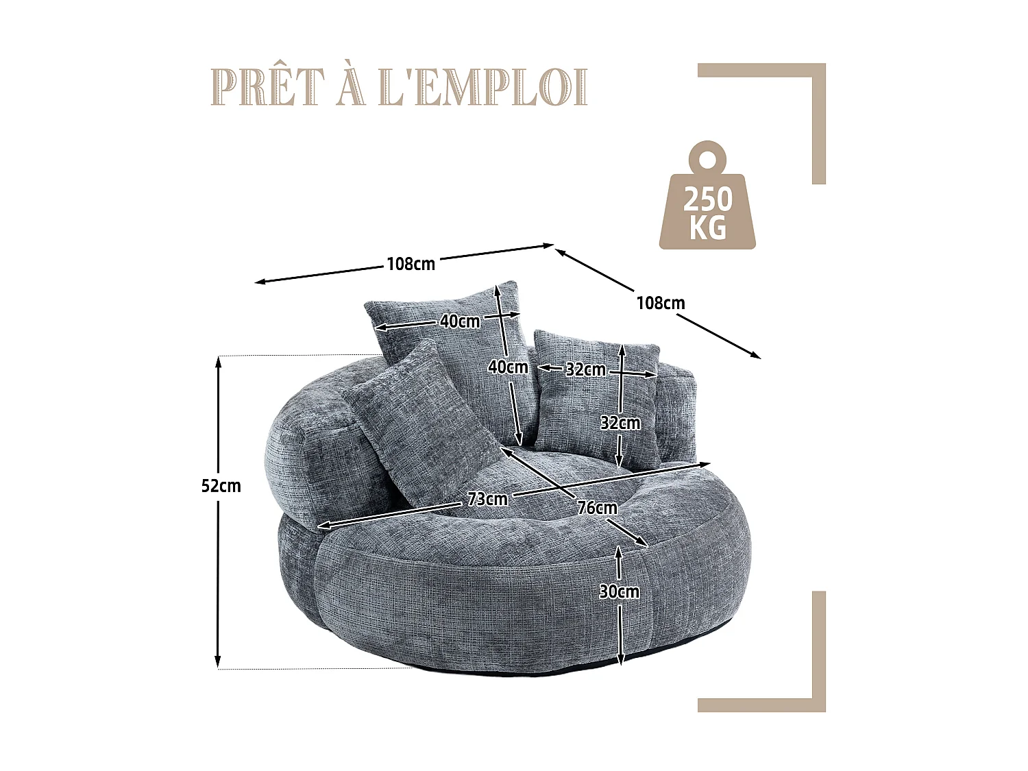 Fauteuil pouf gris  – haut dossier – grand modèle – 3 coussins inclus –  ultra moelleux et usage multi-situations - pour adultes et enfants
