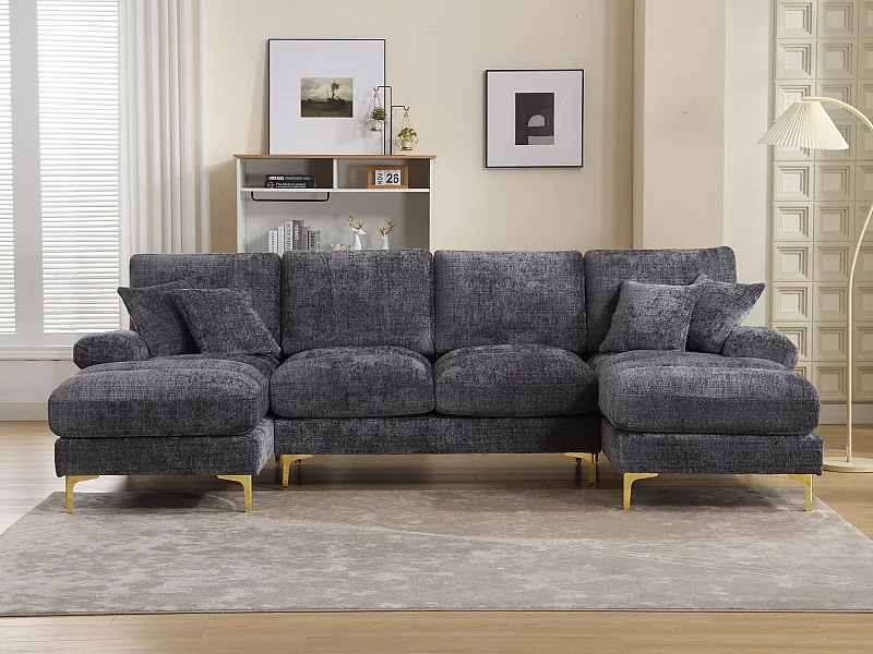 Modulaire U-vormige loungebank (272x136x88 cm) - 6 plaatsen in chenille - Omvormbaar tot bed - Relax-opstelling